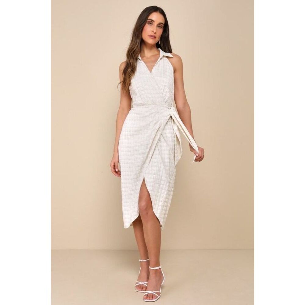 NWT Lulus | Poise Cream Textured Collared Tie-front Wrap Midi Dress